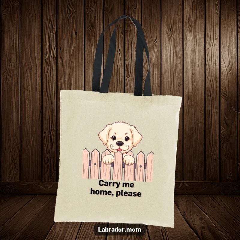 Funny Labrador pup peeking over a fence with an eager expression on a durable tote bag, a practical and humorous accessory.