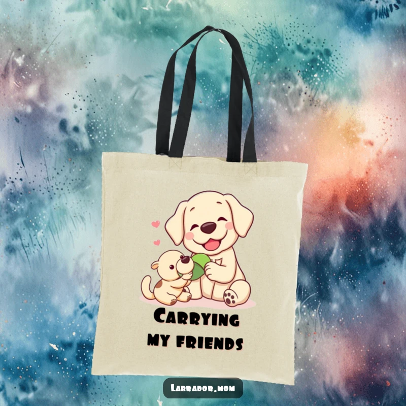 Funny Kawaii labrador sharing a toy with another animal, symbolizing friendship and generosity on this stylish and humorous tote bag.