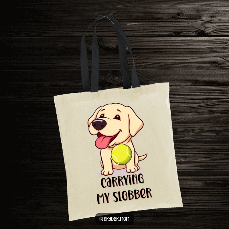 Funny Kawaii Labrador tote bag, a practical bag with a happy panting dog holding a slobbery tennis ball, perfect for outings.