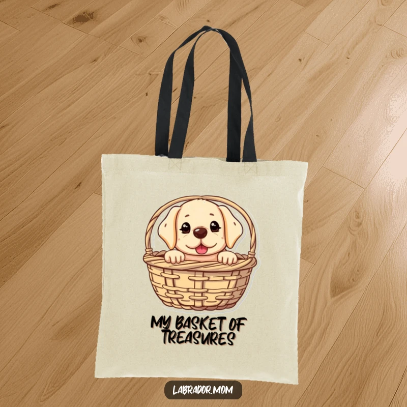 Funny kawaii Labrador tote bag with a cute dog peeking from a basket with a mischievous glint, perfect for carrying essentials with humor.