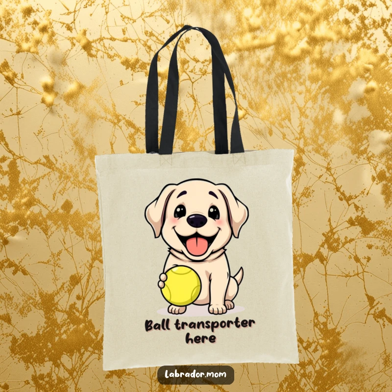 Funny Kawaii Labrador dog grinning, holding a tennis ball, cute tote bag, dog lover accessory, funny gift.
