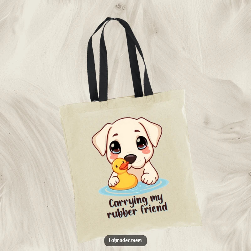 Funny Tote Bag: A kawaii Labrador with big curious eyes nudges a floating rubber duck, perfect for carrying dog essentials.