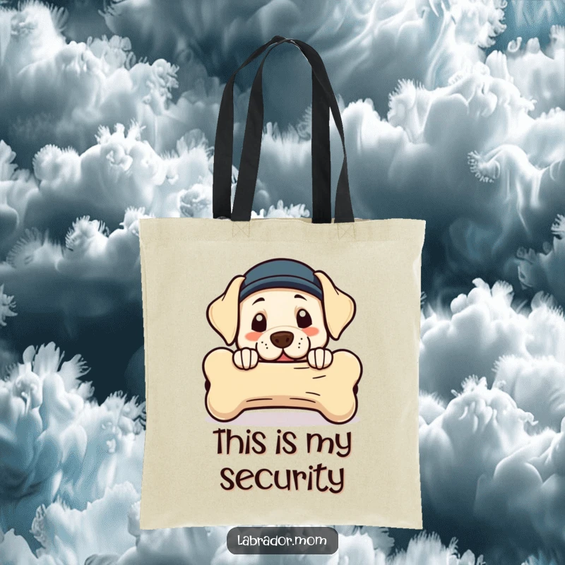 Funny Kawaii Labrador tote bag showing a playful dog peeking from behind an oversized bone, ideal for errands.