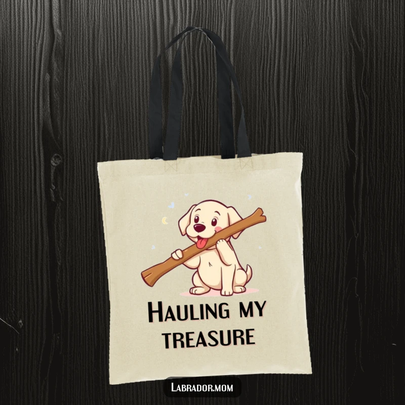 Funny kawaii Labrador proudly fetching a comically large stick with a huge smile, a practical and humorous tote bag.