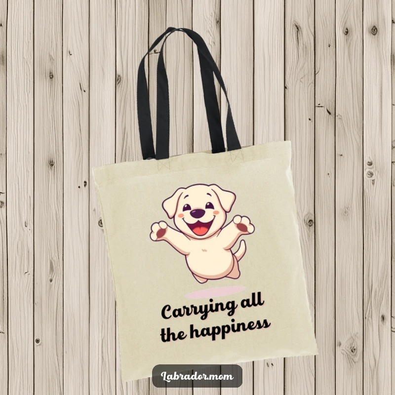 Funny Kawaii Labrador Tote Bag, a happy dog caught in a dynamic leap with paws flying, ideal for everyday use.