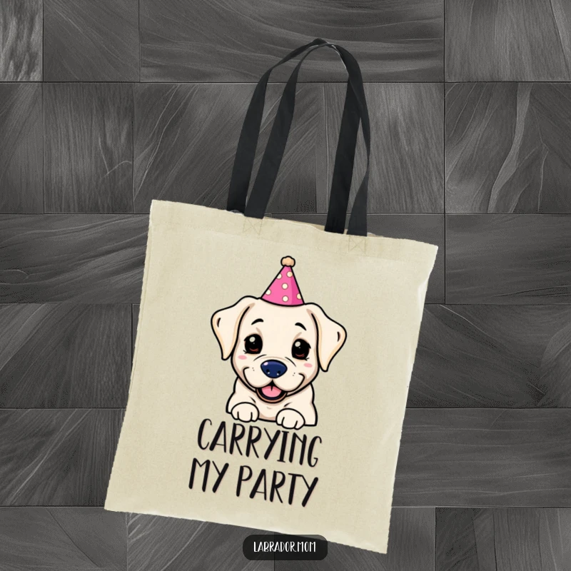 Funny Kawaii labrador adorned with a silly party hat, cheerfully carrying groceries in this stylish and humorous tote bag.