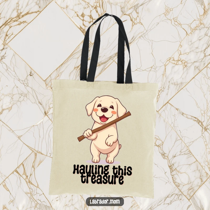 Funny Kawaii Labrador tote bag featuring a dog excitedly carrying a stick twice its size, perfect for humorous and practical use.
