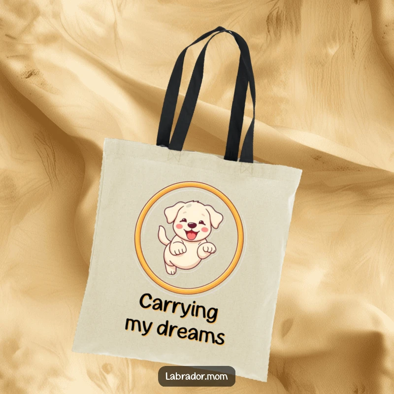 Funny Kawaii Labrador tote bag with a happy dog leaping through a hoop, perfect for everyday use.