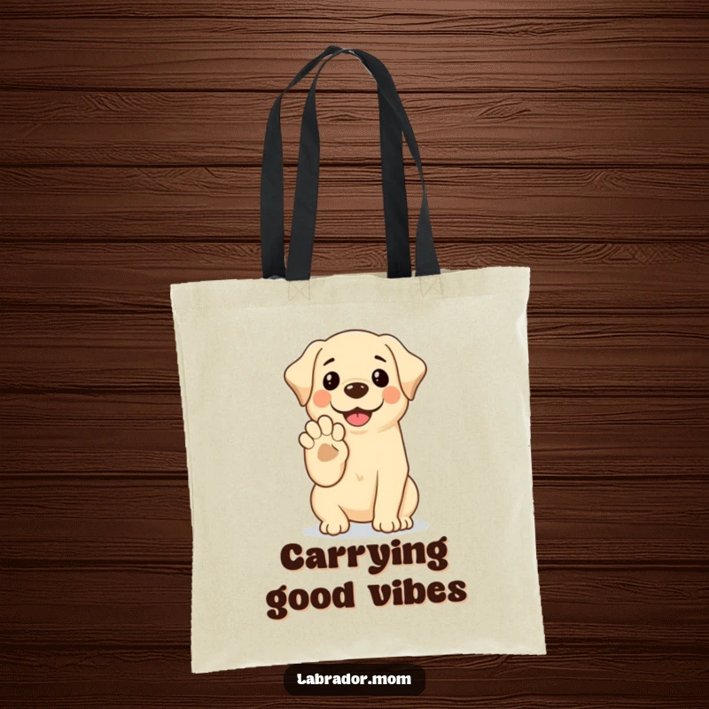 Funny Kawaii Labrador Tote Bag with a smiling dog offering its paw for a high-five, a friendly carry-all.