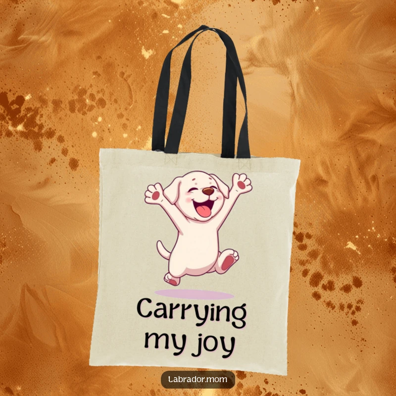 Funny Kawaii Labrador Tote Bag, a cute dog ecstatically leaping with paws outstretched, perfect for carrying essentials humorously.