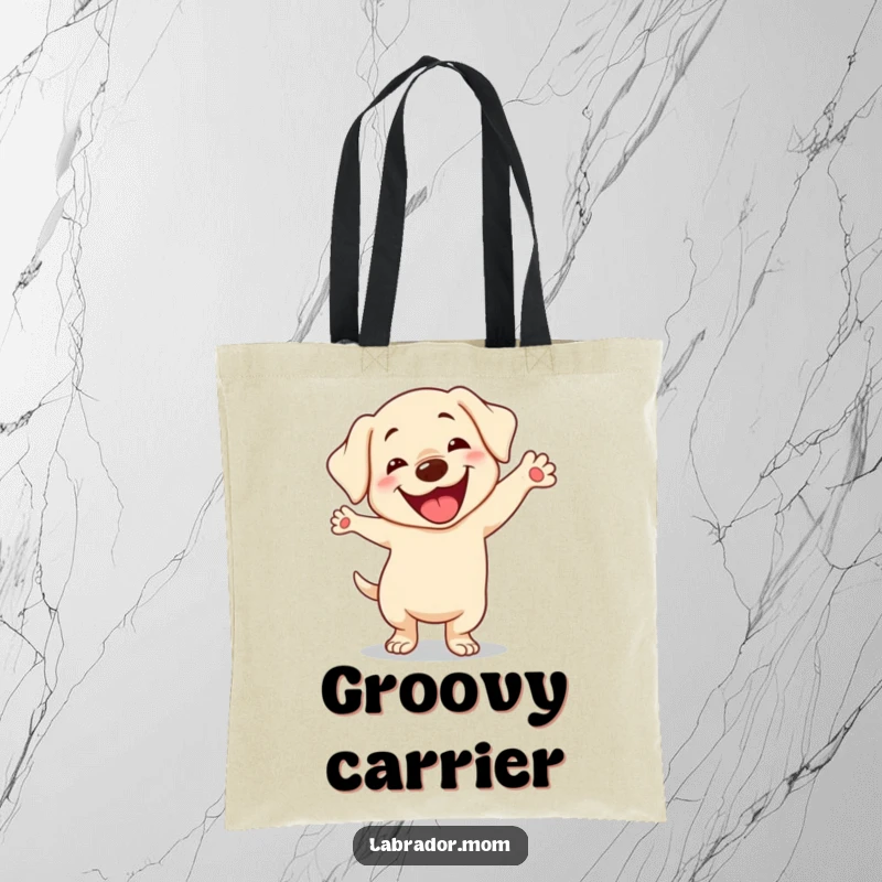 Funny Kawaii Labrador Tote Bag, cute dog doing a silly dance with a goofy smile, practical and humorous accessory, funny gift.