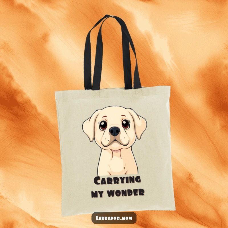 Funny Labrador tote bag showing a dog with wide, curious eyes looking up, practical and charming, a funny gift.