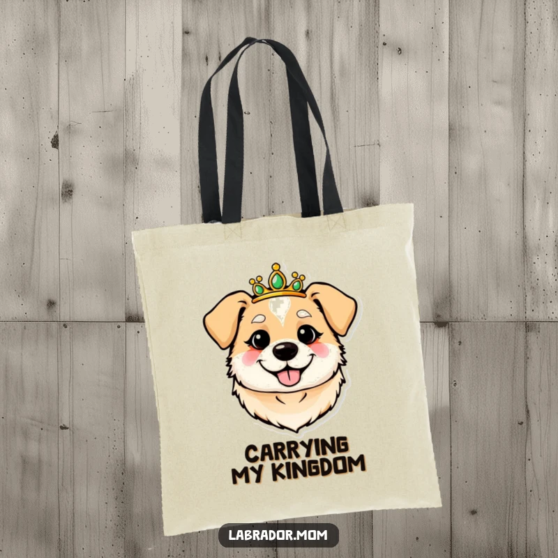 Funny, round, cheerful dog head wearing a tiara on a stylish tote bag. Carry your items with royal flair.