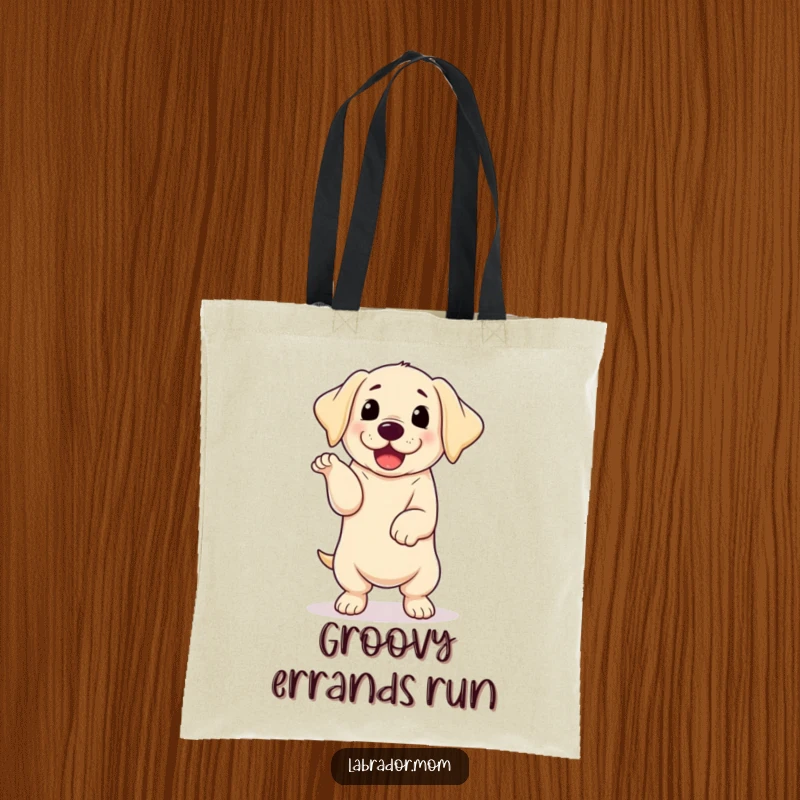 Funny kawaii Labrador with floppy ears performing a happy dance, a durable and humorous tote bag for everyday use.