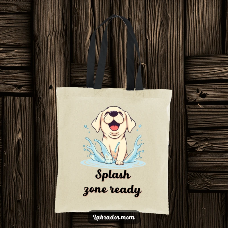 Funny Tote Bag with a joyful, animated Labrador splashing water with happy abandon, ideal for beach trips and errands.