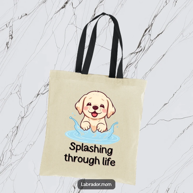 Funny Kawaii Labrador tote bag with a happy dog joyfully splashing in water, perfect for everyday use.