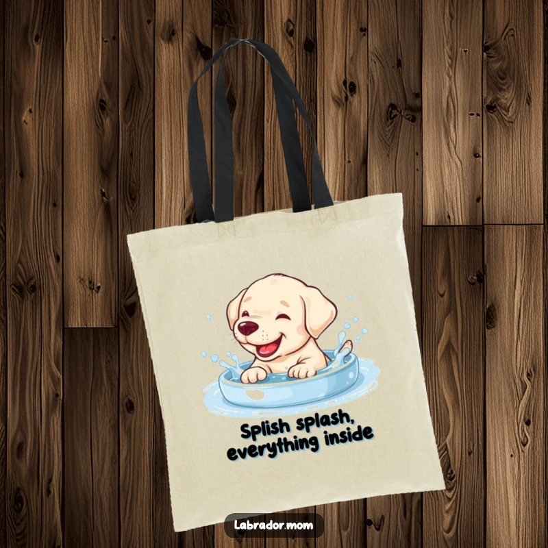 Funny giggling Labrador cub splashing in a bubbly pool on a durable tote bag, great for errands.