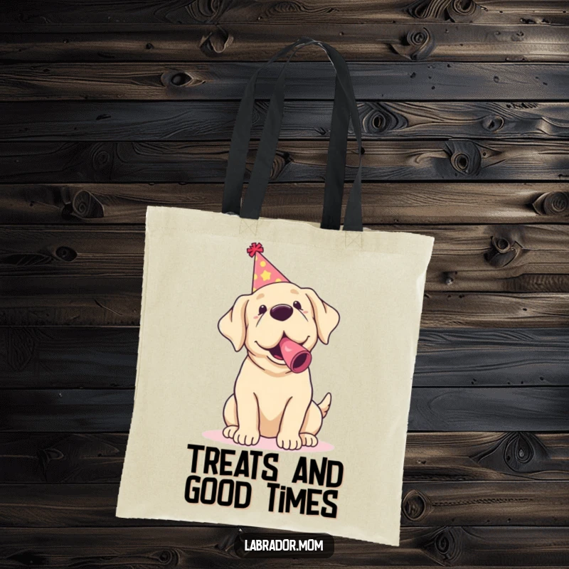 Funny Kawaii Labrador Tote Bag with a cute dog wearing a party hat and blowing a noisemaker, perfect for party supplies.